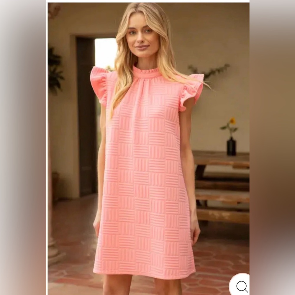 Voy Pink Chiffon Textured Knit Shift Dress Ruffle Sleeve Women’s Size Large
